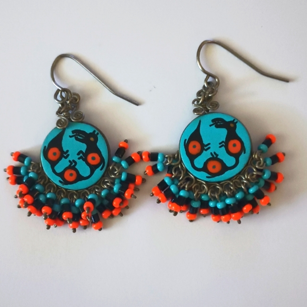 3/$25 Hand painted beaded earrings with creature on them